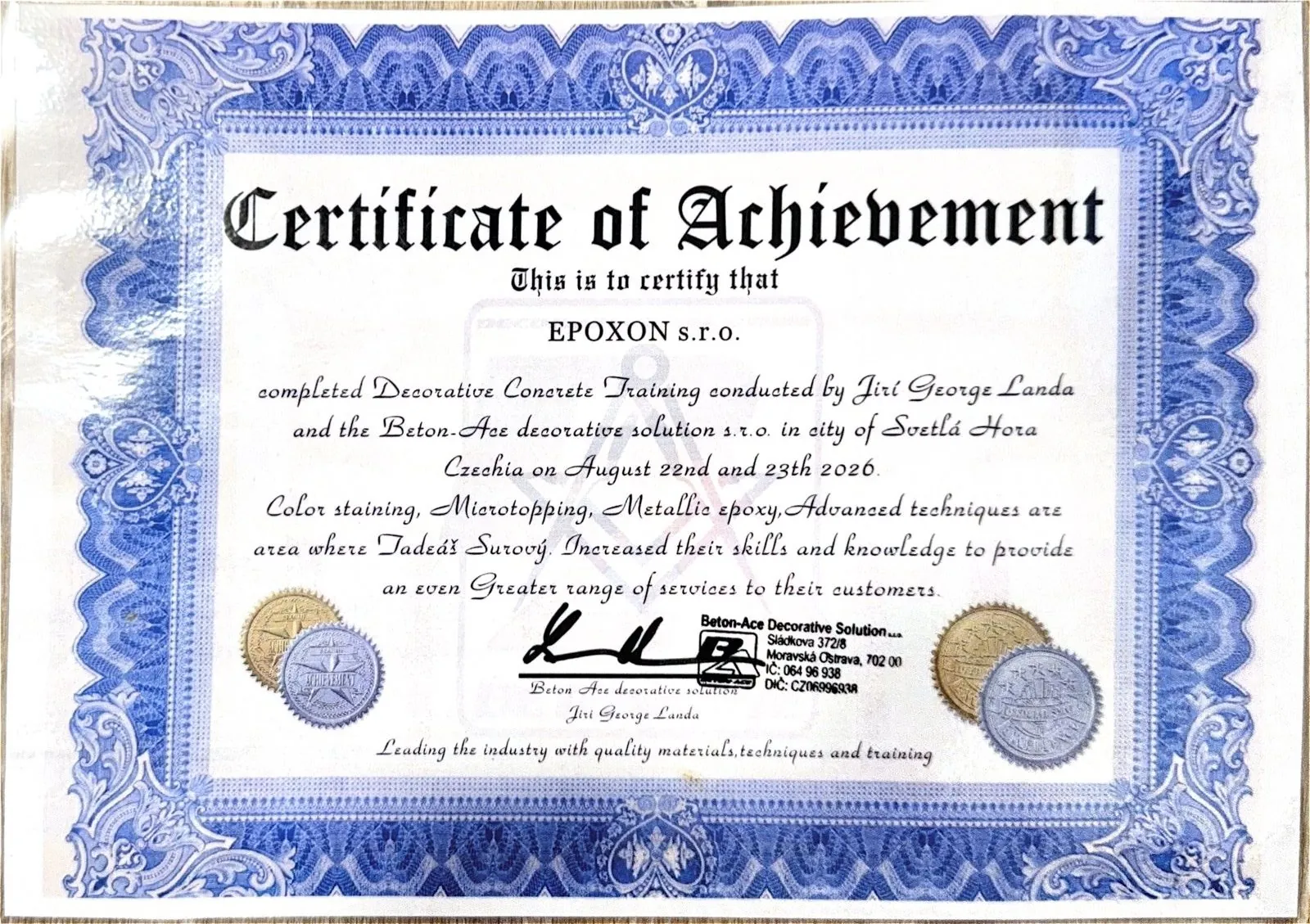 Certifikát Beton-Ace pro EPOXON